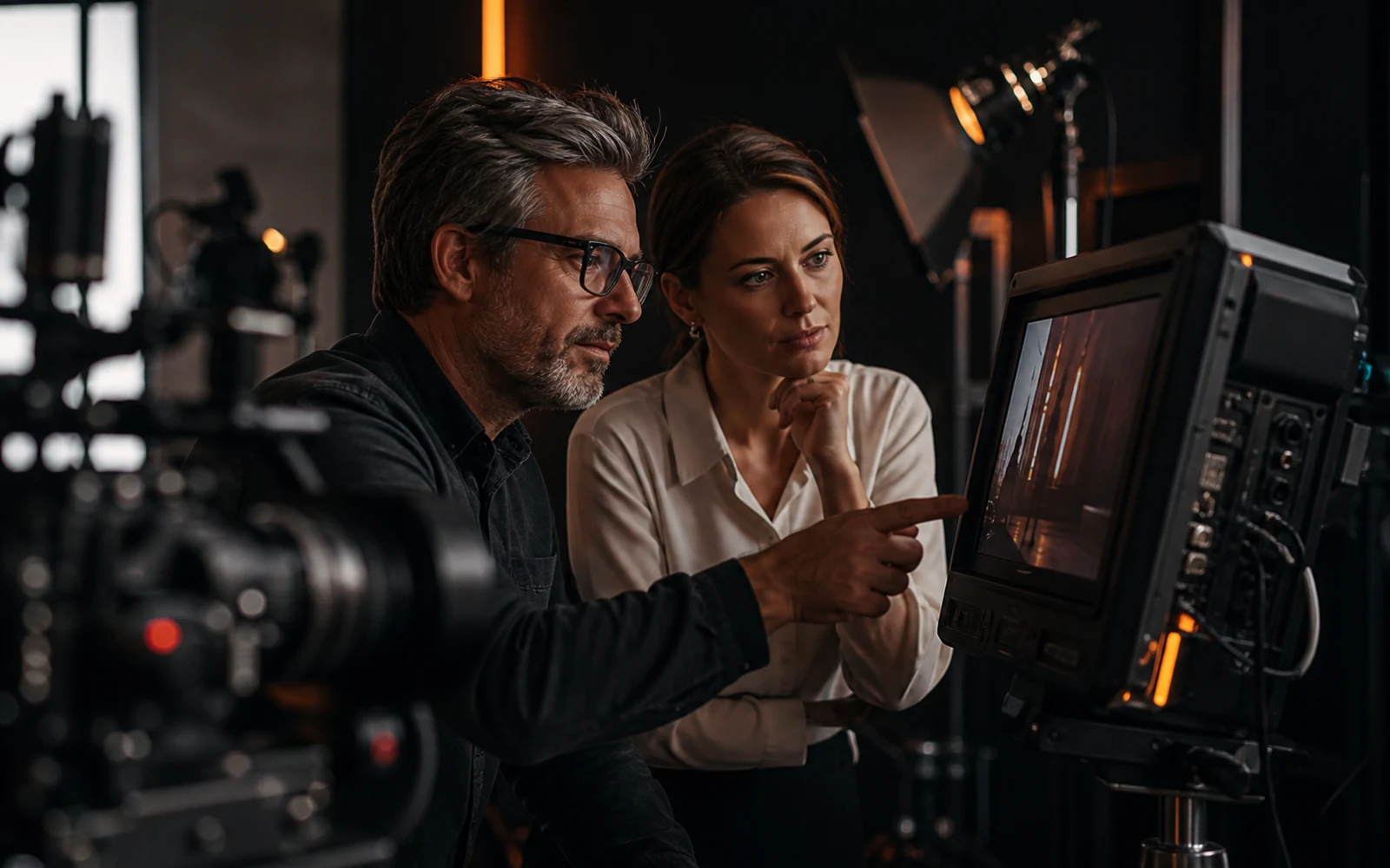 Video director and client reviewing footage in a production studio