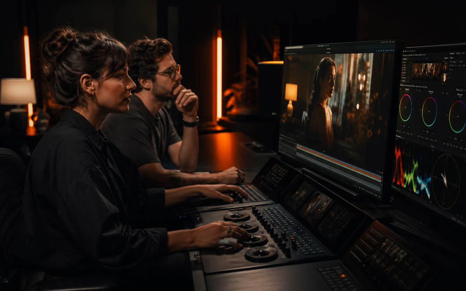 Editors finishing cinematic footage in a professional color grading suite
