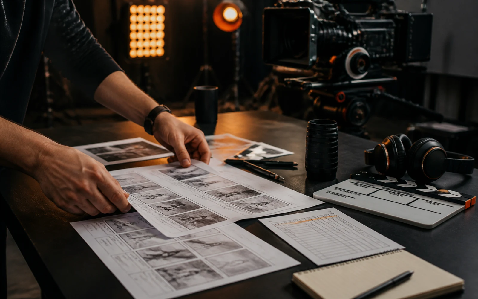 Storyboard, production slate, camera and lenses arranged for video planning