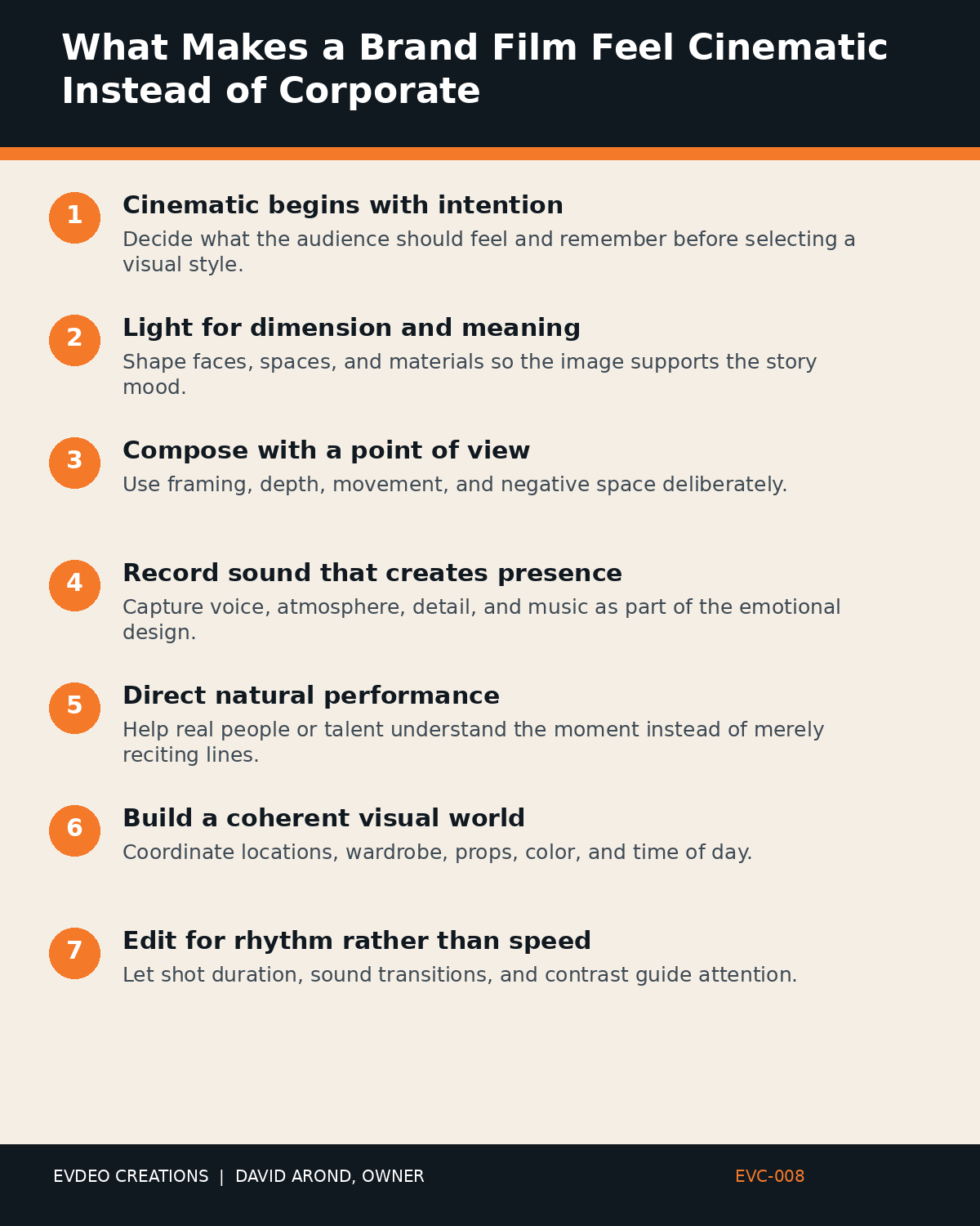 Infographic outlining digital cinema production Tucson: key steps from “What Makes a Brand Film Feel Cinematic Instead of Corporate”
