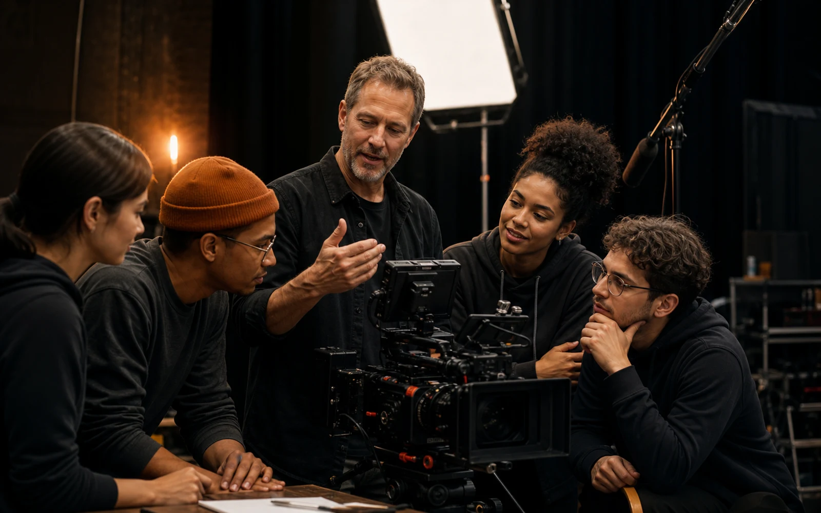 Video production instructor coaching a small group around a cinema camera
